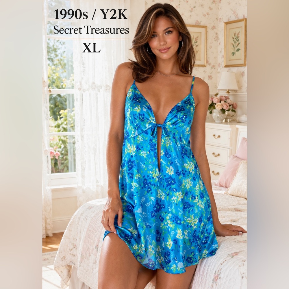 Secret Treasures Blue Floral Sheer Camisole XL Y2K Split Front Tie
